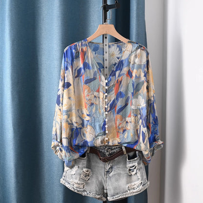 2026 Autumn clothes woman French fashion v neck rose floral print shirts and blouses for women vintage ladies tops