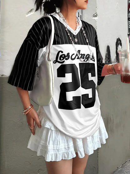 Jersey Shirts for Women Y2k Oversized T Shirt Striped Number Graphic Tees V Neck Half Sleeve Streetwear Tops