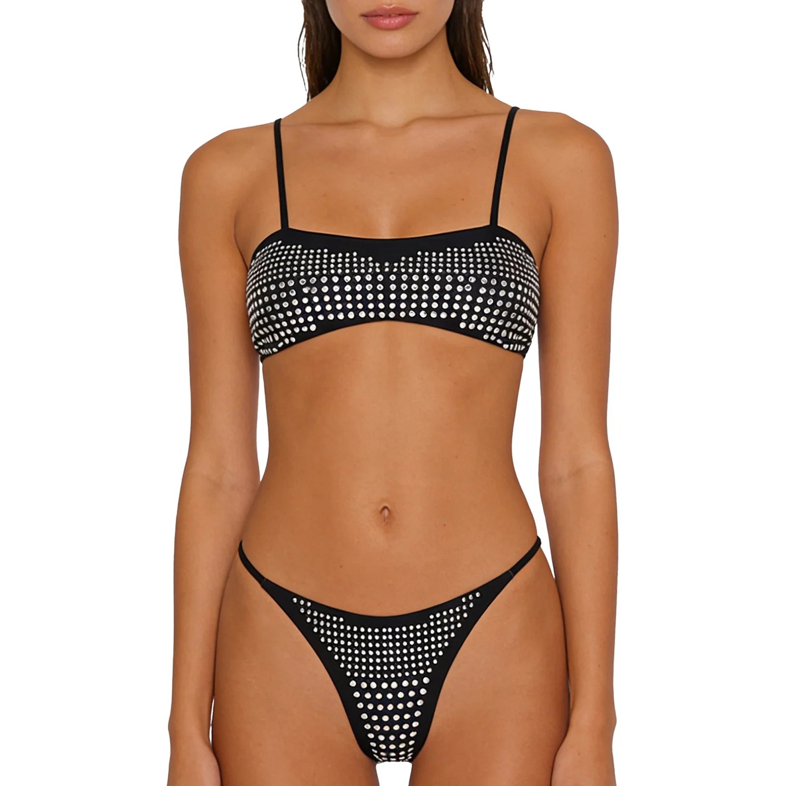 Womens Bikini Swimwear Beach Bathing Suit Shiny Sequin Two Pieces Swimwear Bikini Top with High Waist Briefs 2-piece Beachwear