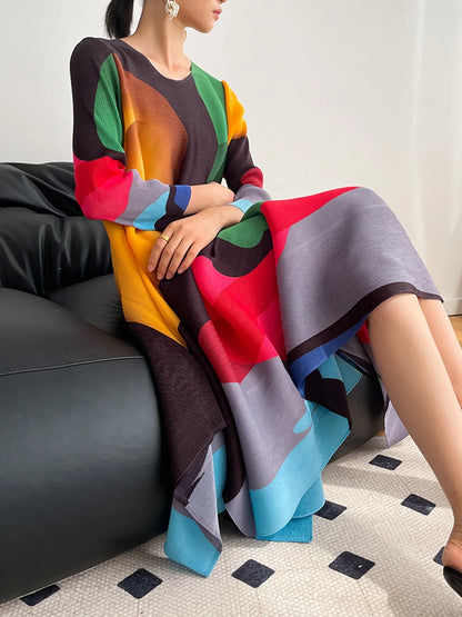 Fashionable printed dress for women, summer 2026, European and American style, plus size, slimming, pleated skirt for mothers.