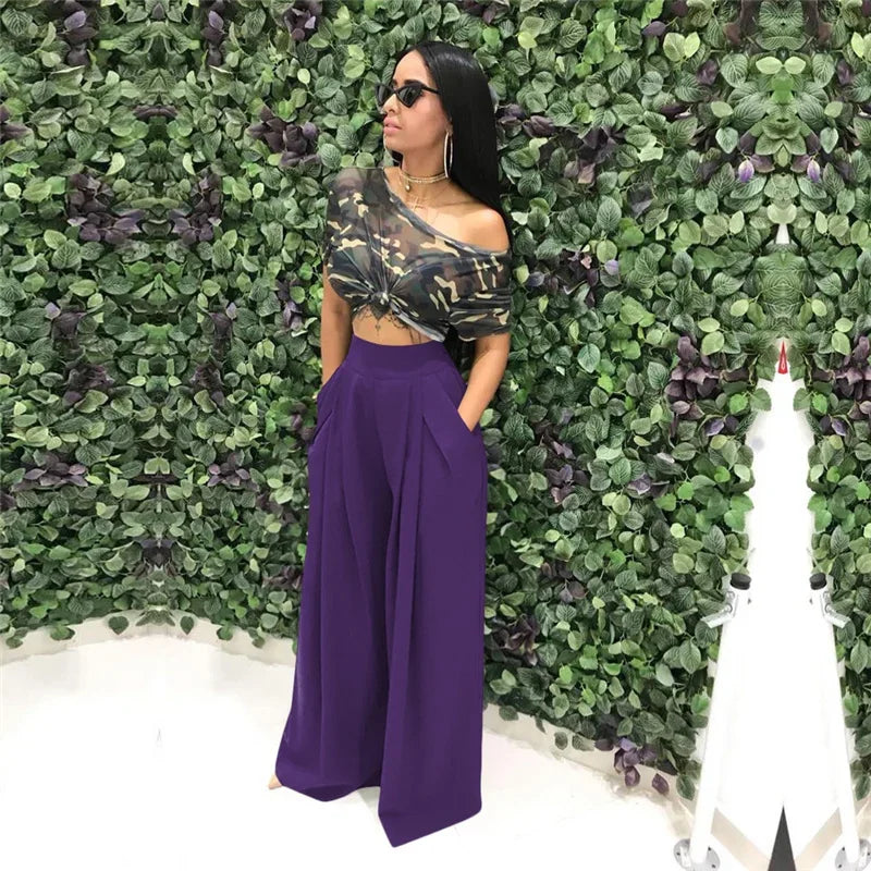 Women Casual Loose Palazzo Pants Autumn High Waisted Wide Leg Trousers Pleated Long Culottes Pants Elastic Waist Trouser Pockets