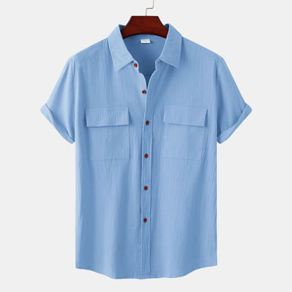 Turn Down Collar Men Shirts Solid Short Sleeve Shirts Single Breasted Casual Shirt Buttons Cardigan Sports Loose Breathable