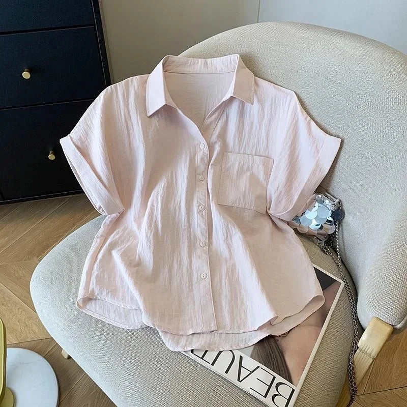White Cotton Shirt Women Summer New Thin Loose Blouses Fashion Korean Commute Solid Short Sleeved Shirt Top