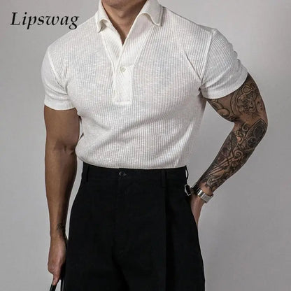 Trendy Ribbed Polo Shirts For Men Sports Fitness Muscle Short Sleeve Slim Stretch Tops Casual Pure Color Lapel Polo Mens T Shirt