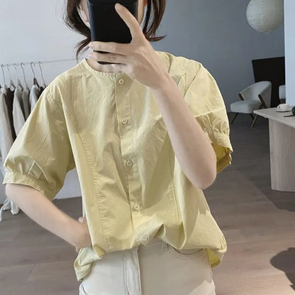 Women Round Neck Blouse Short Sleeve Button Down Loose Casual Solid Color Summer Shirt