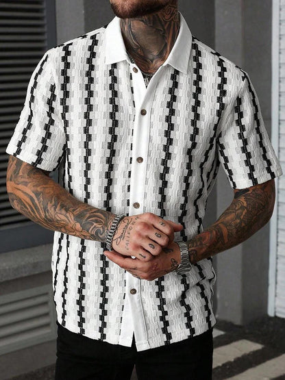 Classic Plaid Striped Knitting Shirt Short Sleeve Buttoned Turn-down Collar Mens Shirts Summer Vintage Slim Fit Knitted Cardigan