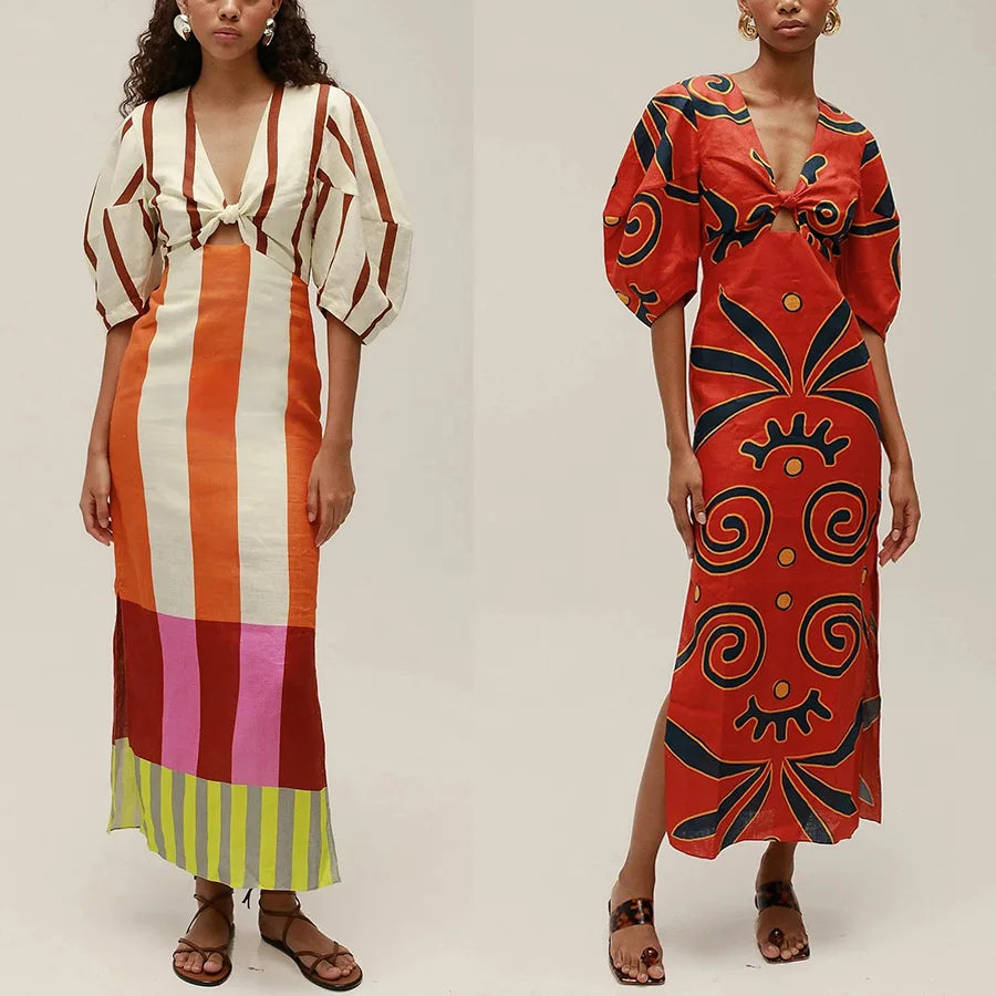 Women Fashion Linen Material  Fashion Chic Print Long Party Dresses Sexy V-neck Hollow Out High Waist Party Dress Lady Robes