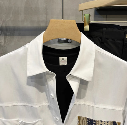 Short Sleeve With Pocket Male Shirts Button Up Print Loose Men&