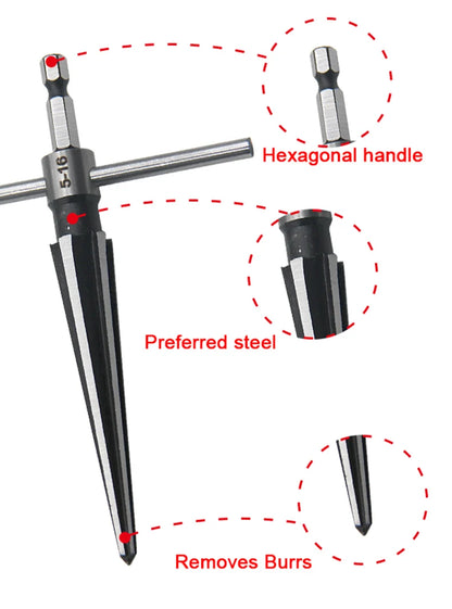 Woodwork Taper Reamer 3-13/5-16mm Wooden Board Electric Drill Hole Expanding Chamfer and Deburring Hexagonal Handle Cut Tool