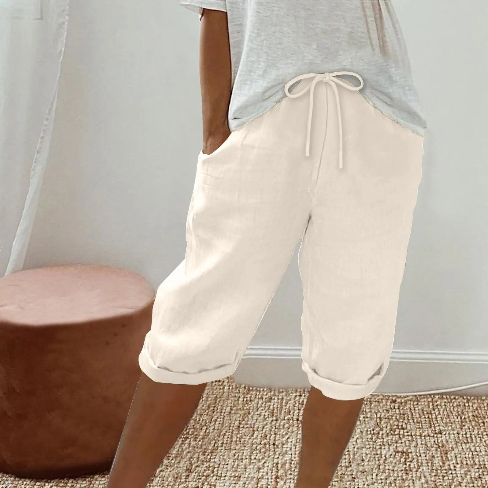 Casual Cotton Linen Pants For Female Streetwear Solid Color Wide Leg Capri Versatile Palazzo Pants Baggy Cargo Pants With Pocket