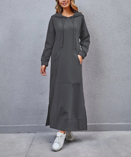 Hoodies Dress For Women Fashion 2025 Hem Lace-up Midi Robe Hooded Long Dress Autumn Winter Warm Casual Loose Sweatshirt Vestidos