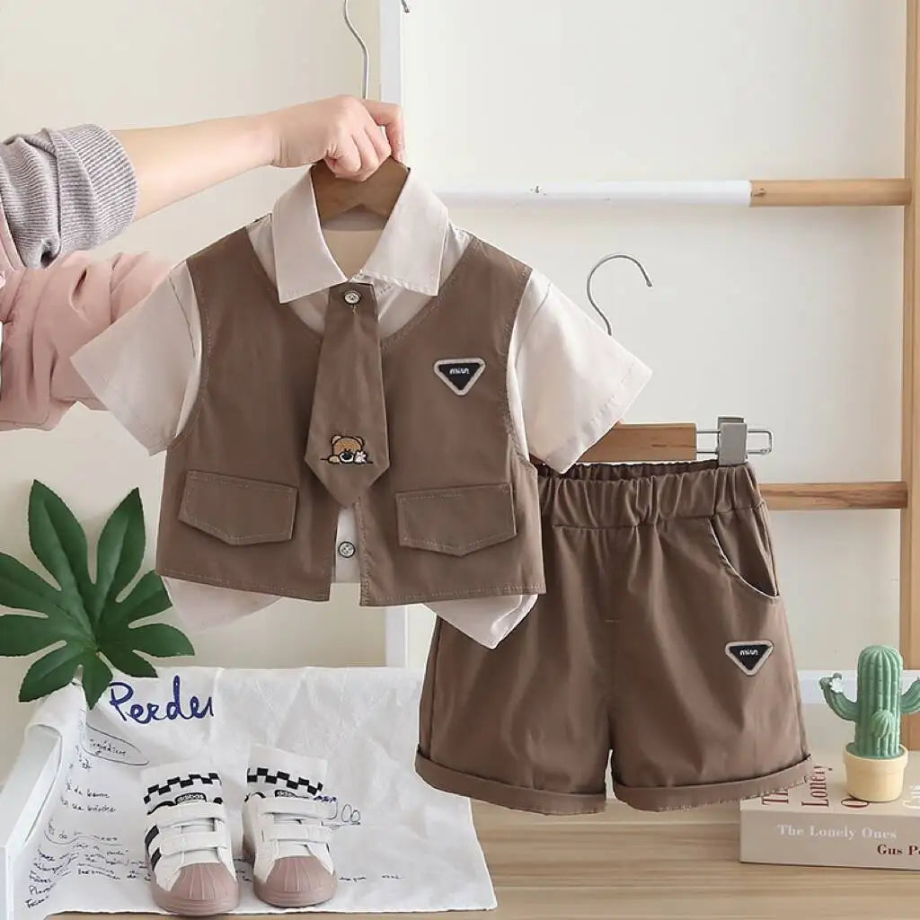 Children Baby Boys Clothes Outfits Sets Summer Kids Gentleman Tie Patchwork Vest T-Shirt 2pcs/Set Toddler Kids Clothing Sets
