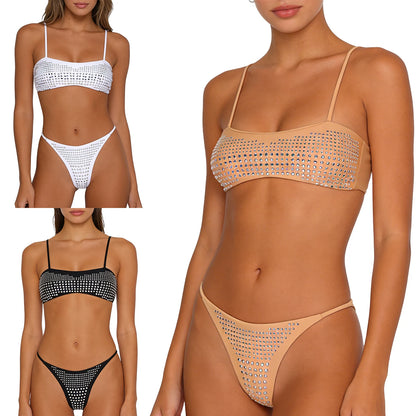 Womens Bikini Swimwear Beach Bathing Suit Shiny Sequin Two Pieces Swimwear Bikini Top with High Waist Briefs 2-piece Beachwear