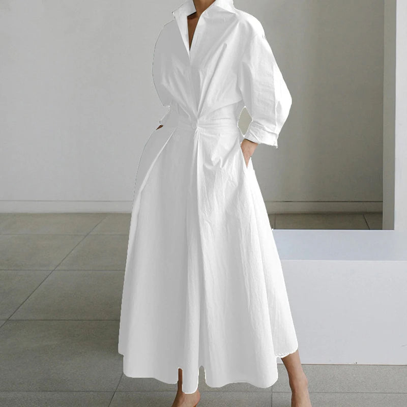 Fashion Dress Women Spring New Long Sleeve Turn-down Collar High Waist Print Button Elegant Big Hem Loose Commute Female Dress