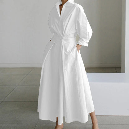 Fashion Dress Women Spring New Long Sleeve Turn-down Collar High Waist Print Button Elegant Big Hem Loose Commute Female Dress