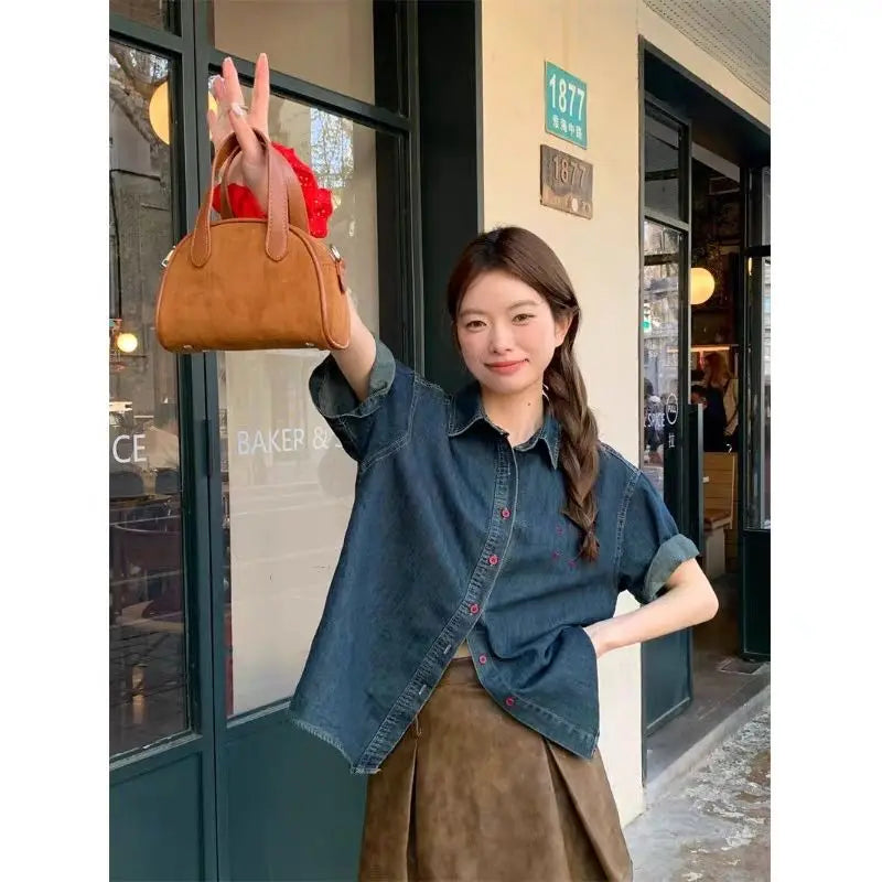Women k Blue Denim Short Sleeve Shirt Oversized Button Down Loose Fit Casual Streetwear Top
