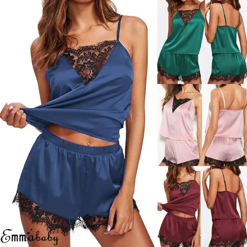 Women Ice Silk Pajamas Sleepwear Pajama Set Nightgowns Nightdress Camisole Shorts Black Red L XL Lace Casual Sexy Smooth  파자마