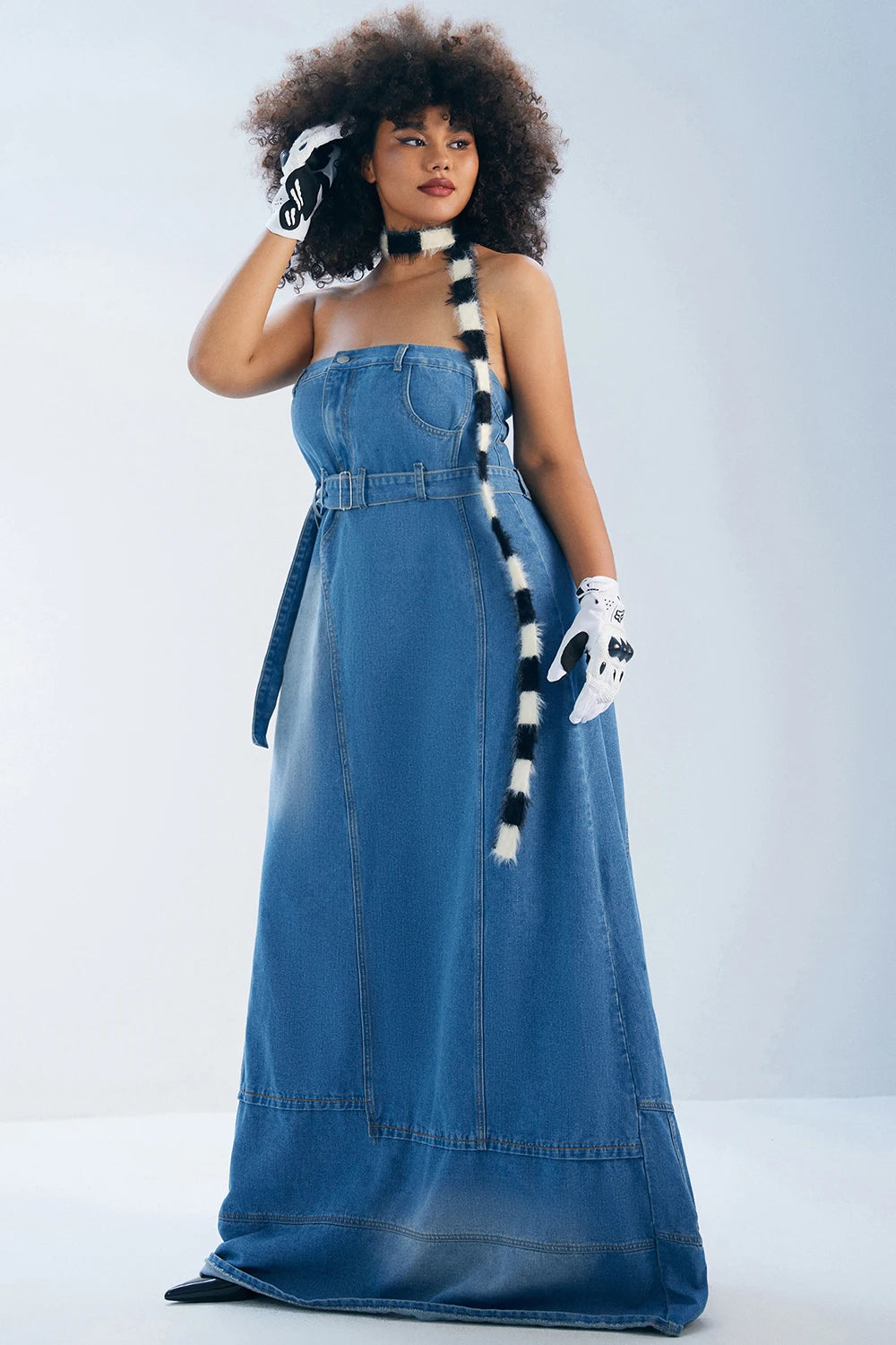 Plus Size Daily Maxi Dresses Blue Fall Winter Strapless Asymmetric Hem Denim Maxi Dresses Elegant Vintage Casual Summer Dress