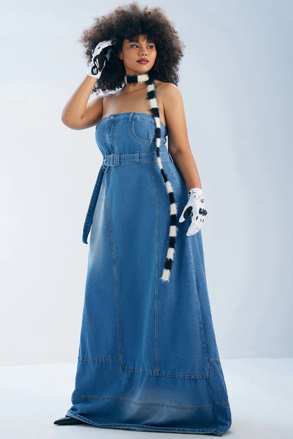 Plus Size Daily Maxi Dresses Blue Fall Winter Strapless Asymmetric Hem Denim Maxi Dresses Elegant Vintage Casual Summer Dress