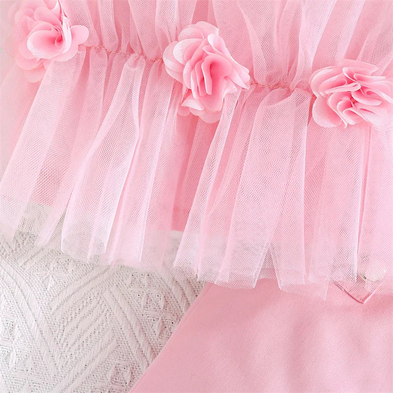 Children Clothing Summer Girls Pink Outfit Sets Lace Mesh Floral Crop Tube Tops+Flared Pants Kids Clothes Girls Elegant Sets