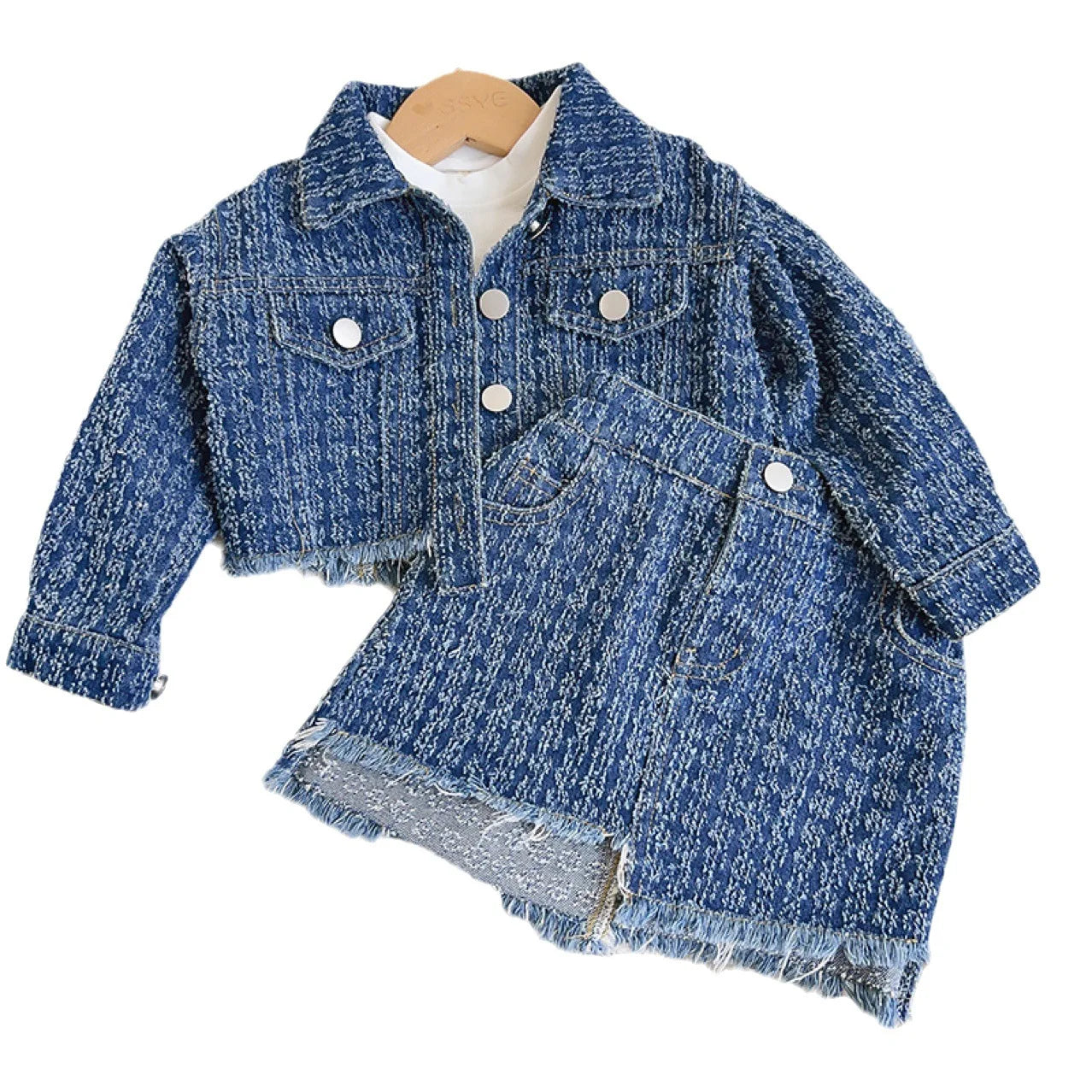Kids Boutique Clothing New Autumn 2 Pieces Sets Girls Tops Jeans Coat Turn Down Collar Short All-match Fashion Preppy Style