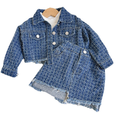 Kids Boutique Clothing New Autumn 2 Pieces Sets Girls Tops Jeans Coat Turn Down Collar Short All-match Fashion Preppy Style
