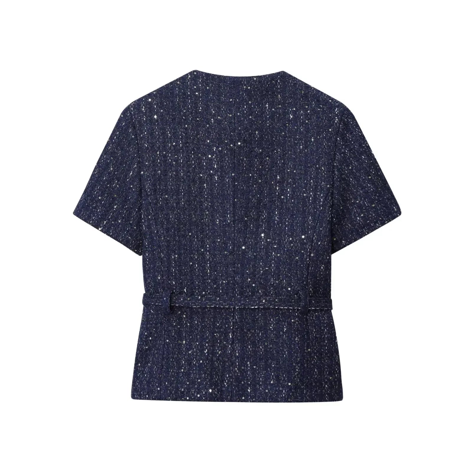 Women 2025 Fashion Blue Tweed Blazer Coat With Belt Female Short Sleeve Outerwear