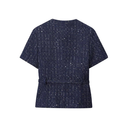 Women 2025 Fashion Blue Tweed Blazer Coat With Belt Female Short Sleeve Outerwear