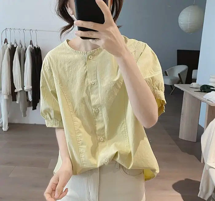 Women Round Neck Blouse Short Sleeve Button Down Loose Casual Solid Color Summer Shirt