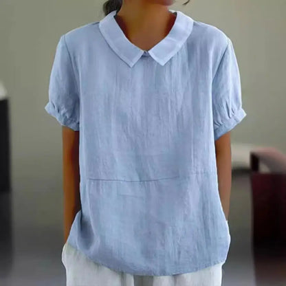 2026 Cotton Linen Women Blouse Lapel Short Sleeve Breathable Top Loose Fit Blouse Round Neck Soft Fabric Summer Blouse 80%