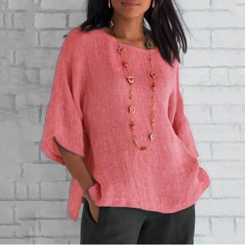Cotton Blouse Shirts Summer O-Neck Three Quarter Loose Casual Blouse Tops Summer Cothes For Women Streetwear