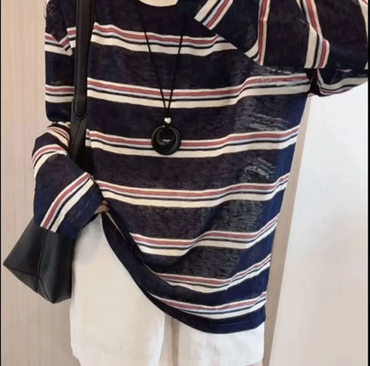 Women Clothes Spring Autumn Fashion Simplicity All-match Striped Color Blocking O-neck Ladies Appear Thin Lazy Wind Long Sleeve