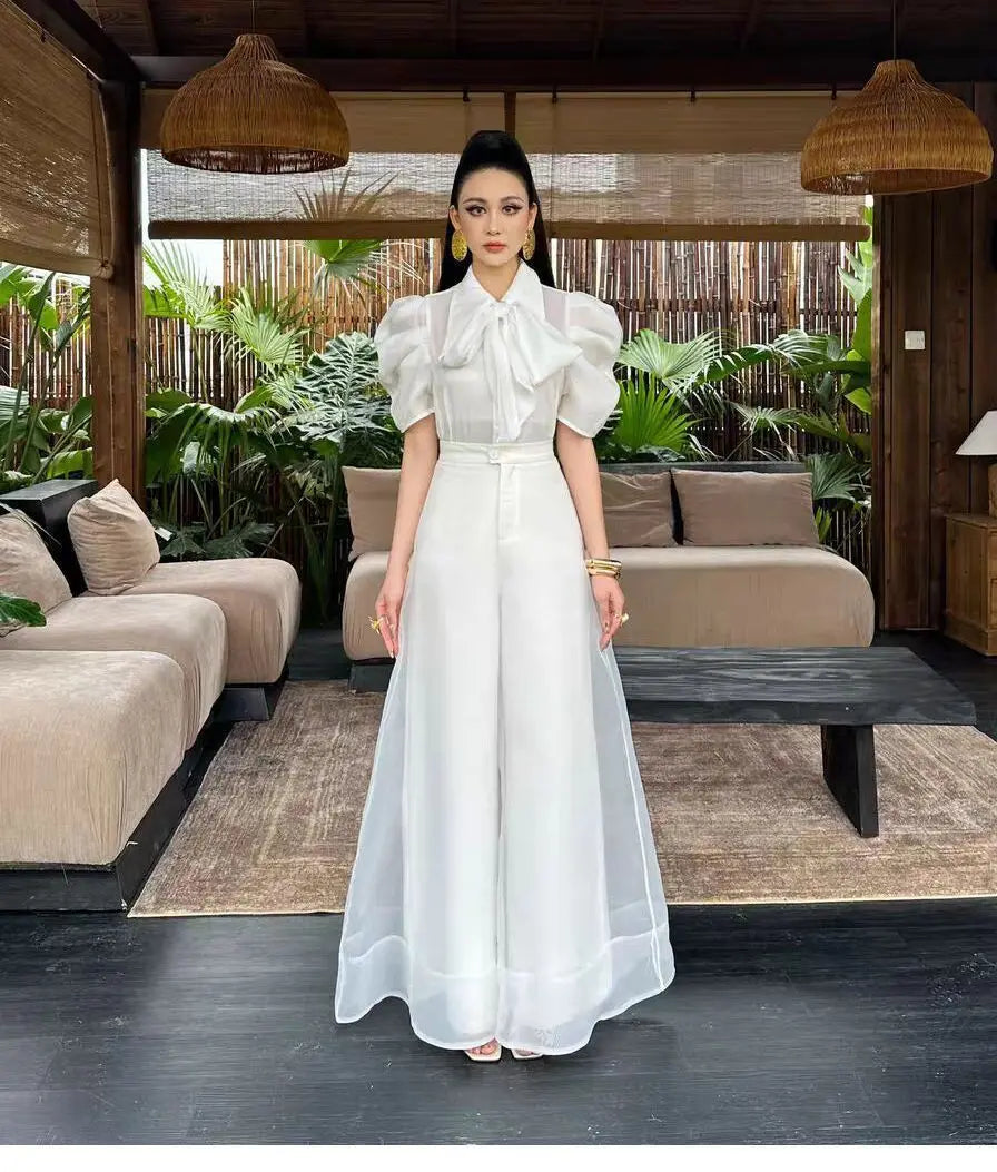 New Fashion Organza Wide Leg Palazzo Pants Women Elegant Summer High Waist Solid Color Office Lady Trousers Clothing