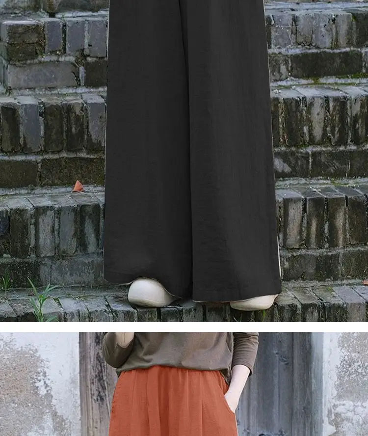 Linen Wide Leg Pants Women Casual Bohemian Loose Flowy Palazzo Pants Summer Spring
