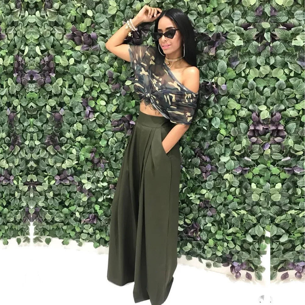 Women Casual Loose Palazzo Pants Autumn High Waisted Wide Leg Trousers Pleated Long Culottes Pants Elastic Waist Trouser Pockets