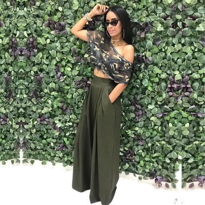 Women Casual Loose Palazzo Pants Autumn High Waisted Wide Leg Trousers Pleated Long Culottes Pants Elastic Waist Trouser Pockets