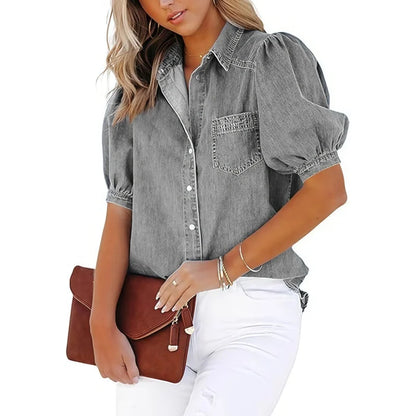 Women’s Casual Short Sleeve Shirt Loose Button Cotton Blouse Lightweight Breathable Summer Office Workwear Elegant Style