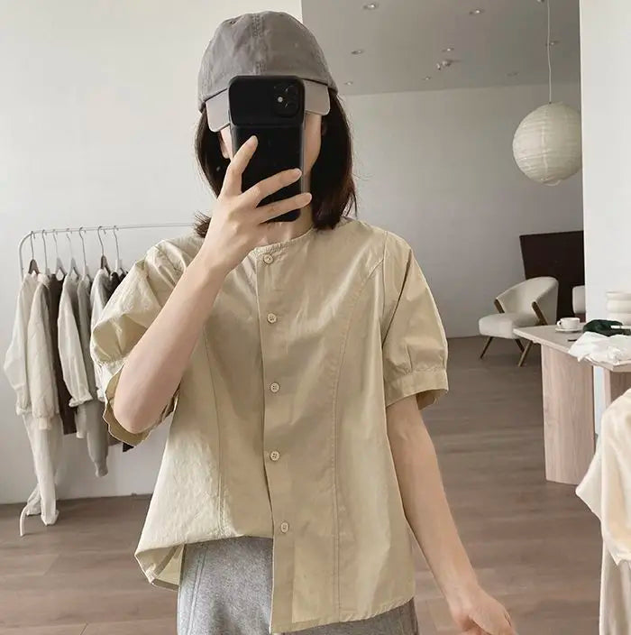 Women Round Neck Blouse Short Sleeve Button Down Loose Casual Solid Color Summer Shirt
