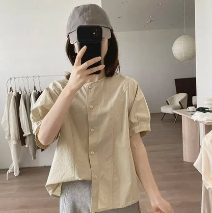 Women Round Neck Blouse Short Sleeve Button Down Loose Casual Solid Color Summer Shirt