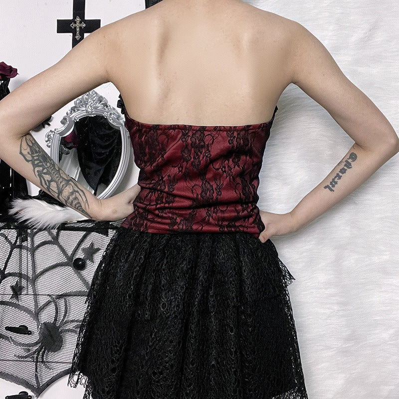 Tube Top Gothic Printed Lace Trim Sleeveless Metal Buttons Lace-up Corsets Tank Top Court Elegant Fairy Grunge Top