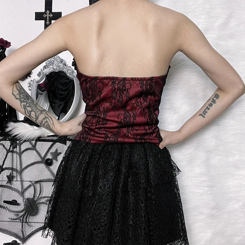 Tube Top Gothic Printed Lace Trim Sleeveless Metal Buttons Lace-up Corsets Tank Top Court Elegant Fairy Grunge Top