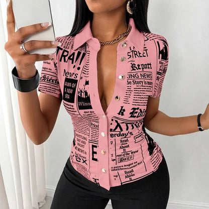 Summer Fashion Button Slim Fit Shirt Women Elegant Short Sleeve Single Breasted Letter Printed Blouses For Women Tops