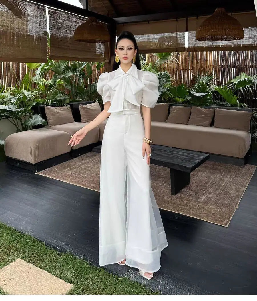 New Fashion Organza Wide Leg Palazzo Pants Women Elegant Summer High Waist Solid Color Office Lady Trousers Clothing