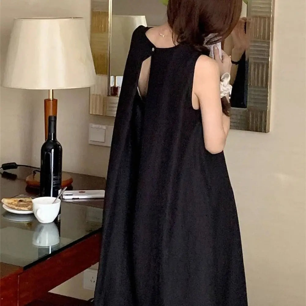 Solid Summer Sleeveless Dress Round Neck Simple Vocation Vest Dresses Beachwear Hollowed Out Open Back Long Dress Teens