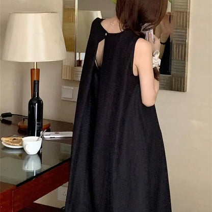 Solid Summer Sleeveless Dress Round Neck Simple Vocation Vest Dresses Beachwear Hollowed Out Open Back Long Dress Teens