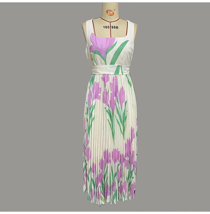 Sexy Flower Print Long Dress Women Summer 2025 Fashion Sleeveless Strap Maxi Dresses Elegant