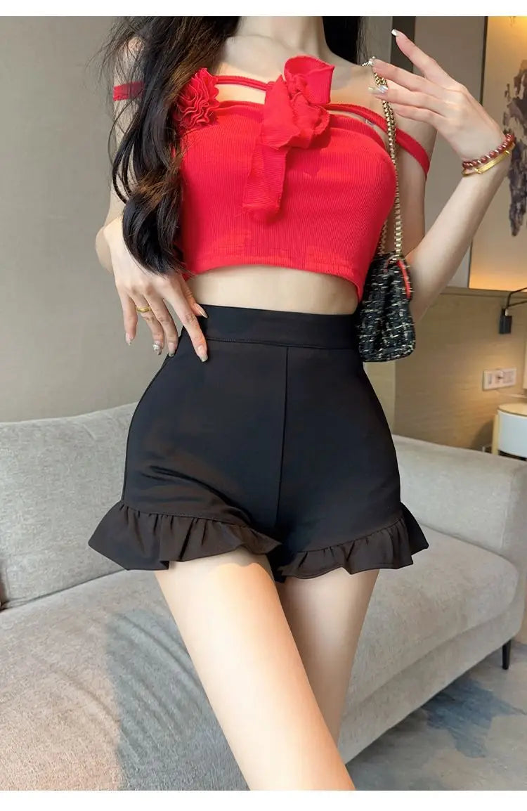 New Black Shorts for Women, Summer Style with High Waist, Slimming and Wide-leg, Casual Three-quarter Pants
