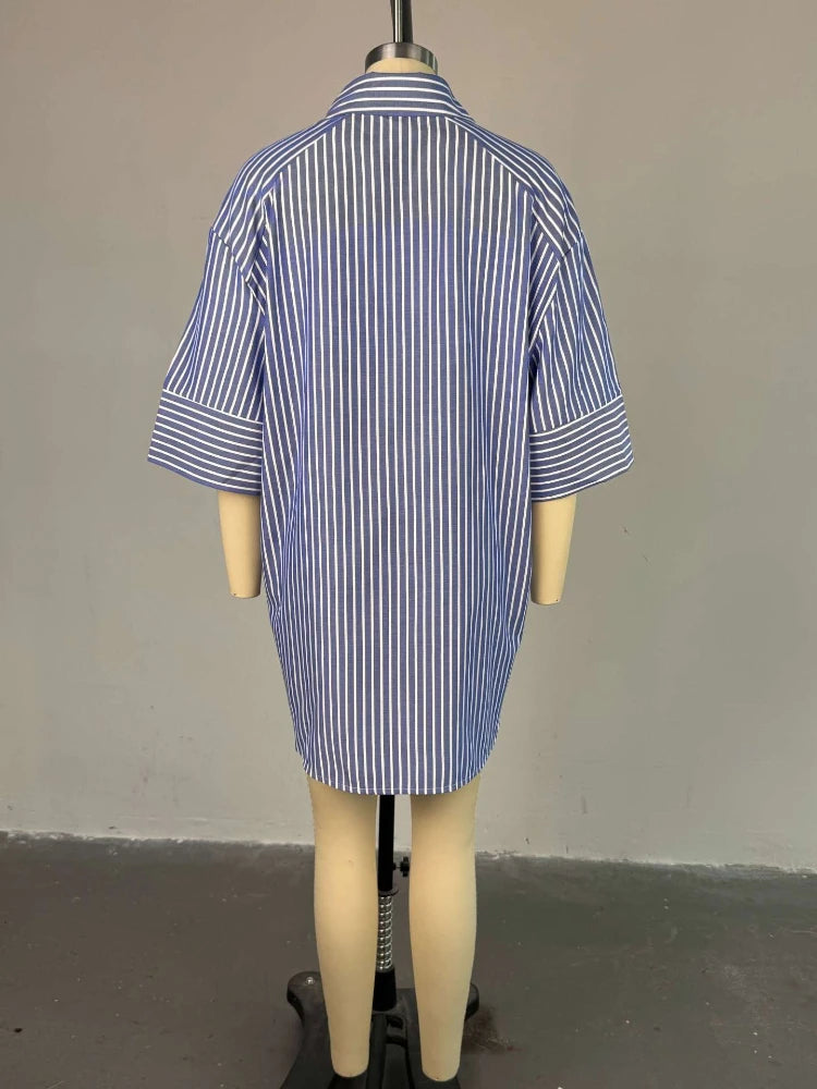Striped Oversized Button Down Shirts for Women with Wide Three Quarter Sleeve and High Low Hem for Casual Office or Weekend Wear