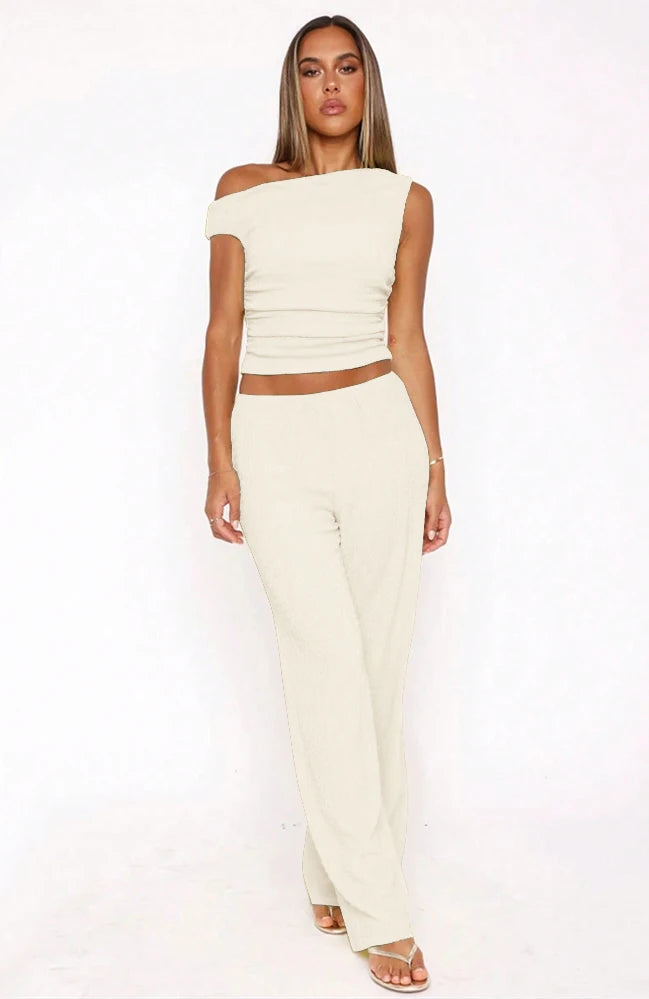 Fashionable and hot girl sleeveless single-shoulder top, high-intelligence and elegant mature woman, solid color slim T-shirt