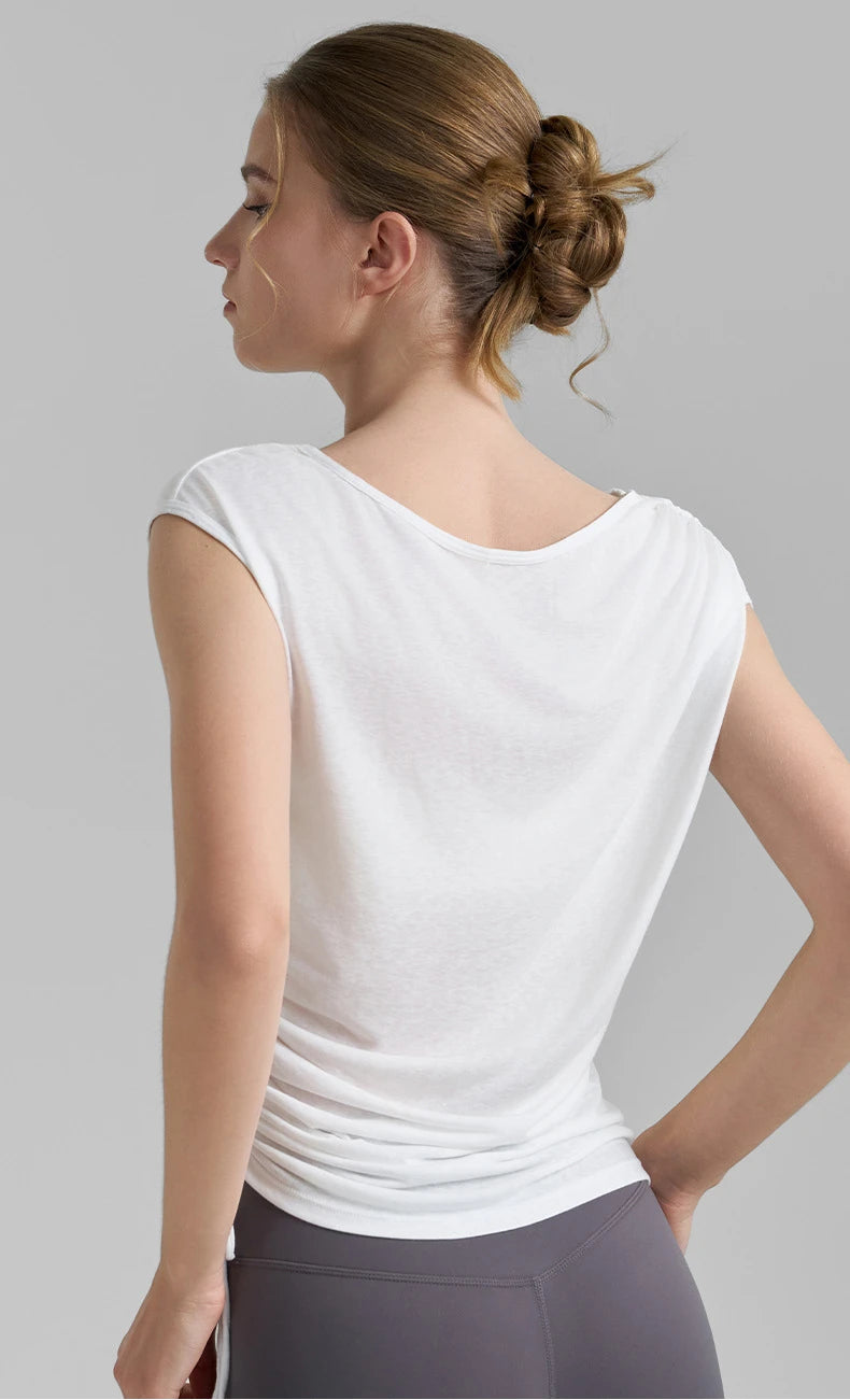 Sleeveless Pleated Cover Shirt with Drawstring, Tight Waist, High-end Feeling, Breathable and Slimming Sports T-shirt